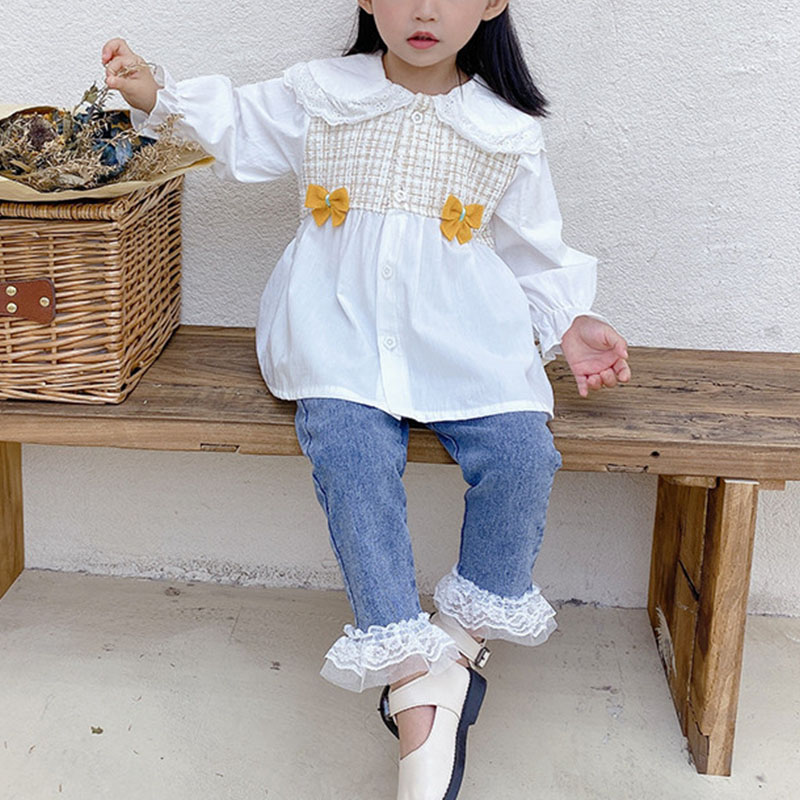 طقم قميص أنيق بأكمام طويلة + بنطال جينز للفتيات