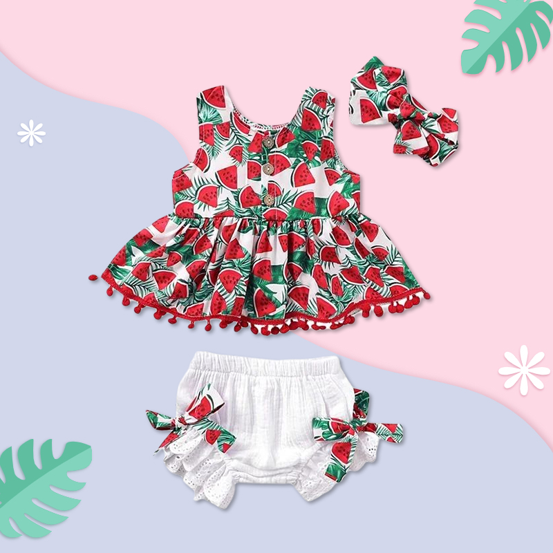 صندوق هدايا من ثلاث قطعات مع رباط الرأس وفستان لطباعة البطيخ للرضيعة 