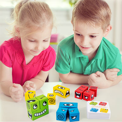 ألعاب مكعبات البناء تعابير ولكل جانب من المكعبات تعابير كرتونية مختلفة، العاب تعليمي 