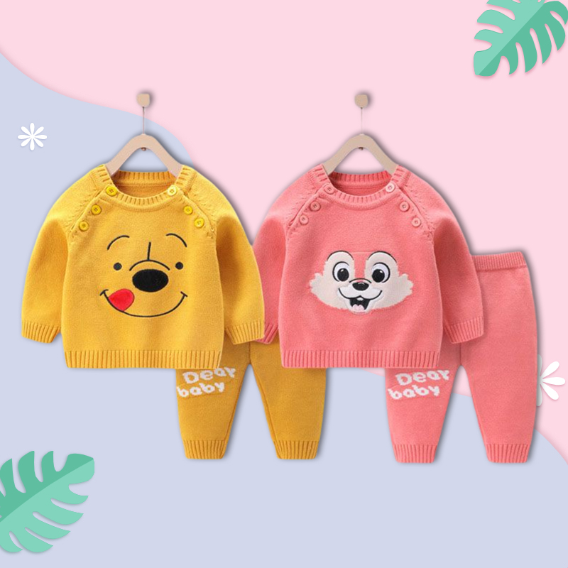 طقم ملابس منسوجة مزينة بنقشة كرتونية مكون من قطعتين للرضيع