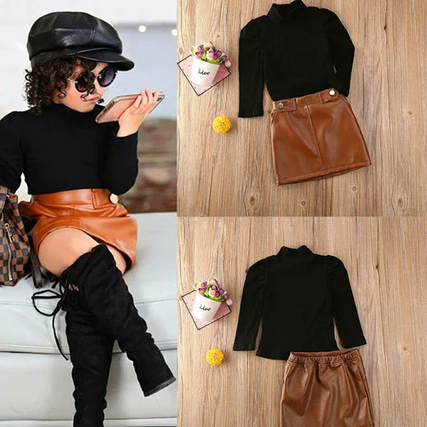 طقم بلوزة منسوجة + تنورة جلد للفتيات